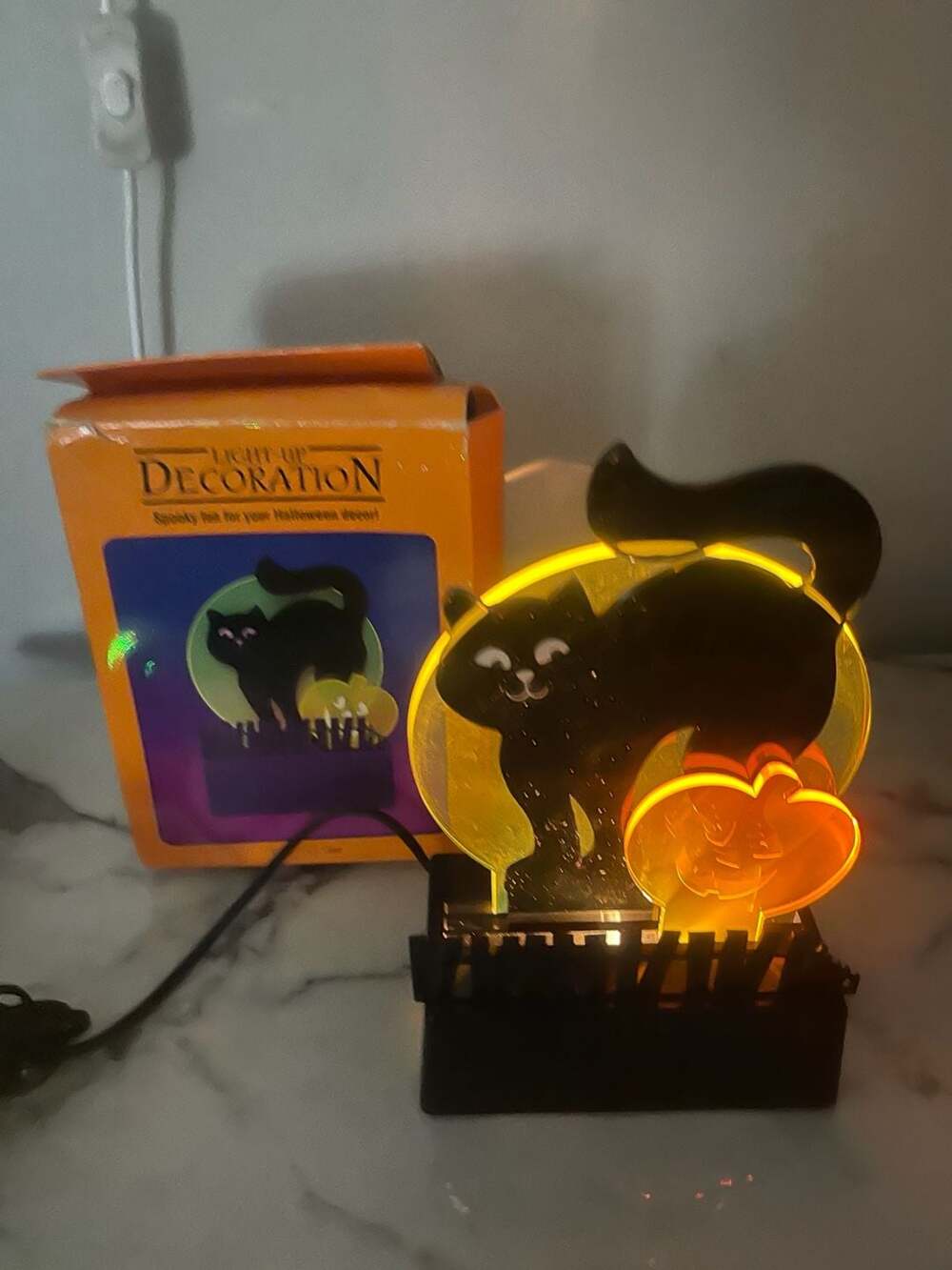Vintage Hallmark Halloween Light-Up Decoration Black Cat and Pumpkin